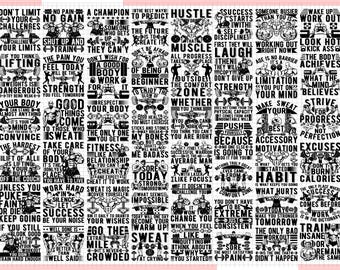 Puede incluir: Un collage de citas motivacionales de fitness en blanco y negro. Las citas, en varias fuentes, fomentan el trabajo duro y la dedicación. El fondo es rosa claro. Medidas no aplicables.
