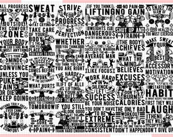 Puede incluir: Un póster motivacional con un fondo de cuadrícula rosa y texto negro. El texto incluye frases como "Sweat", "Strive for Progress" y "Work Hard". También se presentan siluetas de levantadores de pesas y pesas.