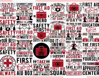 Puede incluir: Un collage de gráficos y texto con el tema de primeros auxilios sobre un fondo rosa. Los diseños incluyen botiquines rojos, cruces y frases como "La seguridad es lo primero" y "Equipo de primeros auxilios".