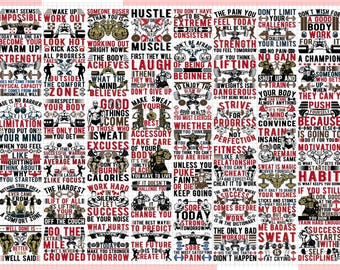 Puede incluir: Un fondo blanco con 36 citas motivacionales sobre fitness y entrenamiento. Las citas están en texto negro, rojo y marrón con imágenes de personas levantando pesas. Algunas de las citas incluyen: "Hustle for that muscle", "Don't give up your best", "Don't limit your challenges", "The pain you feel today will be the strength tomorrow", "Strive for progress not perfection", "Sweat is magic cover yourself", "Success starts with self discipline".