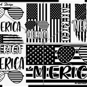 Könnte beinhalten: Schwarzweißes Grafikdesign mit dem Wort 'MERICA', einer amerikanischen Flagge und einer Sonnenbrille. Das Design wird in verschiedenen Größen und Ausrichtungen wiederholt.