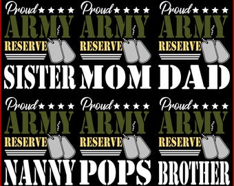 Puede incluir: Diseño gráfico en blanco y negro con el texto "Proud Army Reserve" repetido tres veces. El texto está en una fuente verde y blanca. El texto "Sister Mom Dad" está en fuente blanca. El texto "Proud Army Reserve" se repite tres veces más. El texto "Nanny Pops Brother" está en fuente blanca.