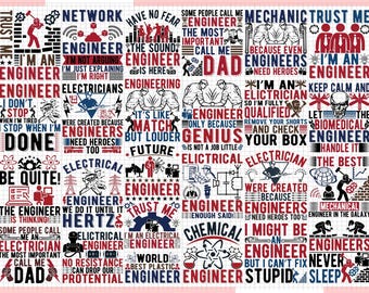 Puede incluir: Un fondo blanco con un collage de texto e ilustraciones coloridas relacionadas con la ingeniería. El texto incluye frases como "Confía en mí, soy ingeniero", "Ingeniero de red", "Ingeniero eléctrico", "Ingeniero químico", "Ingeniero biomédico", "Ingeniero mecánico" y "Soy electricista, así que estoy totalmente cualificado".