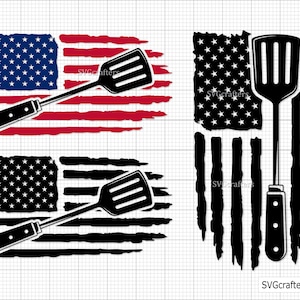 Puede incluir: Dos diseños digitales que presentan una espátula y una bandera estadounidense desgastada. El primer diseño es en rojo, blanco y azul. El segundo diseño es en blanco y negro.