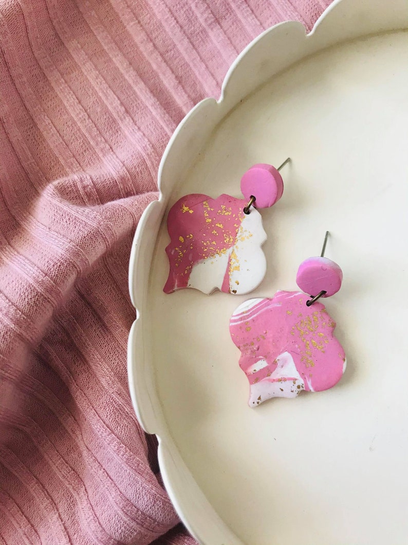 Gold /& Pink Polymer Clay Earrings Gifts For Her Bestfriend Valentine Clay Earrings Drop Earrings Sensitive Earrings Statement Earrings