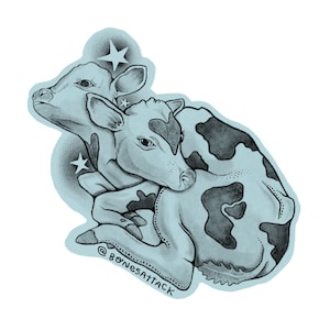 May include: A light blue illustration of two hugging calves with star accents. One calf has black and white spots. The text "@BONESATTACK" is at the bottom. The image has a soft, hand-drawn style.