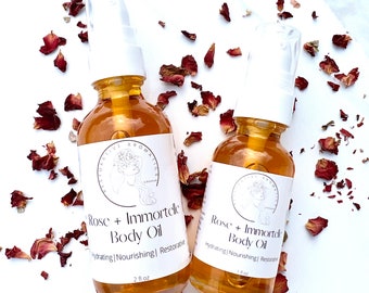 Rose + Immortelle Body Oil - Exquisite Aroma - Deeply Nourishes and Moisturizes for Soft, Silky, Supple Skin