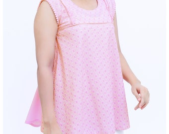 Light Pink Summer Blouse with Embroidered Front – Sleeveless Cotton Top for Women
