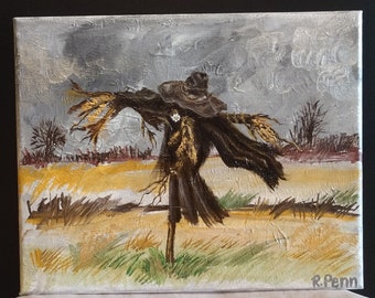 Acrylic on Canvas | Painting | Scarecrow with Daisy in Field | Original