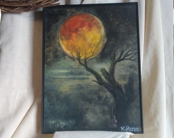 Acrylic on Canvas Paper | Painting | Red Moon and Black Tree | Original