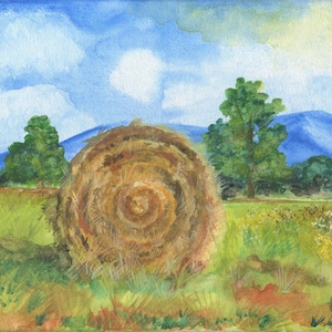 Art Print | Acrylic on Canvas | Country Landscape Haybale