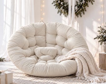 Papasan Chair Velvet | Tufted Moon Chair | Cozy Lounge Chair | Boho Accent Chair | Modern Living Room Furniture | Floor Chair Reading Chair