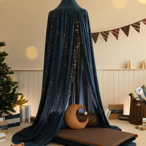 May include: A navy blue canopy bed with gold star detailing and fairy lights. The bed features a brown and orange striped mattress, a crescent moon cushion, and a teddy bear. The scene is decorated with a Christmas tree and gift boxes.