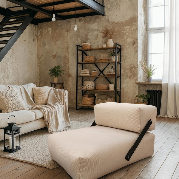 Asiento de suelo con respaldo | Cojín modular para salón | Sofá de suelo hecho a mano | Muebles de loft bohemios Japandi | Asiento de meditación