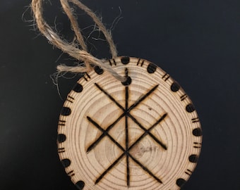 Protection bind rune - runic protection pyrographed onto a wooden decoration