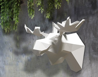 3D Papercraft Elch Trophäe Vorlage, Low Poly Elchkopf (Digitaler Download)