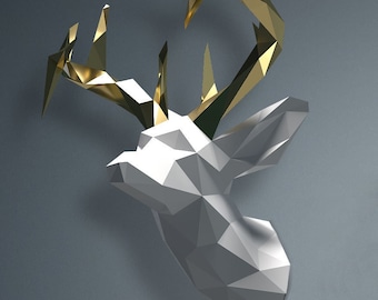 3D Papercraft Hirsch Trophäe Vorlage, Low Poly Geometrisches Design (Digitaler Download)
