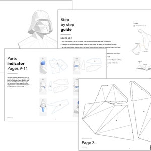 Puede incluir: Un conjunto de plantillas de papel blanco para un trofeo de Darth Vader. Las plantillas incluyen una gu&iacute;a paso a paso, un indicador de piezas y p&aacute;ginas de referencia. El texto incluye "Darth Vader Trophy" y "Printable PDF Template".