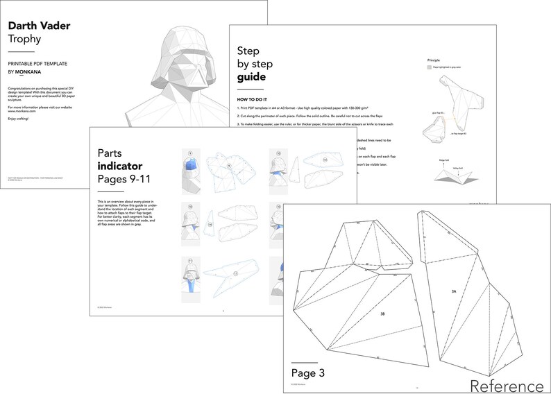 Puede incluir: Un conjunto de plantillas de papel blanco para un trofeo de Darth Vader. Las plantillas incluyen una gu&iacute;a paso a paso, un indicador de piezas y p&aacute;ginas de referencia. El texto incluye "Darth Vader Trophy" y "Printable PDF Template".