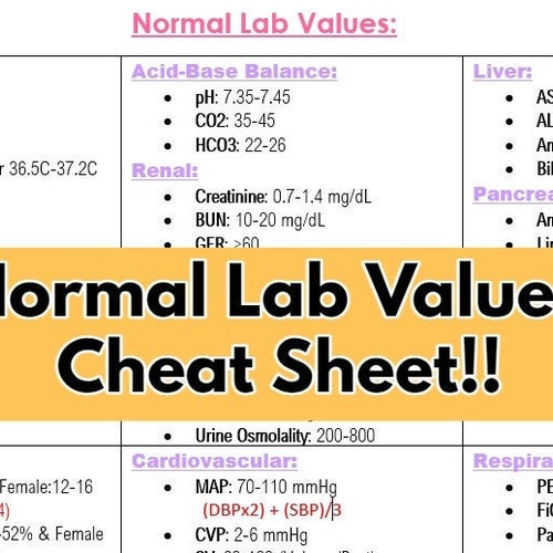 Normal Lab Value Cheat Sheet Etsy