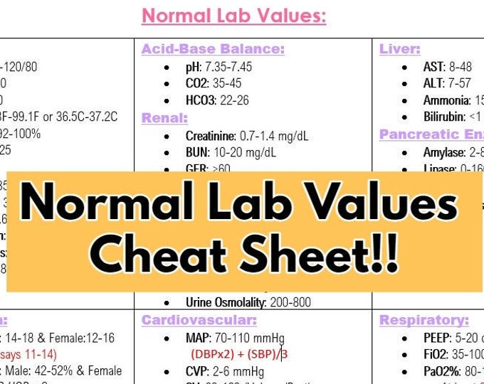 Normal Lab Value Cheat Sheet Etsy