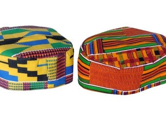 African Traditional Kente Kofi Hat size 54 cm / 22 IN Cap Kufi Hat Red Gold Purple Black