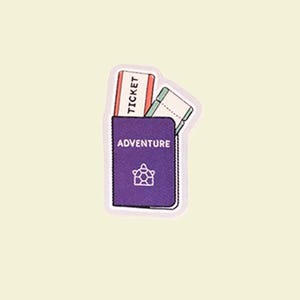 May include: A sticker depicting a purple passport with the word "ADVENTURE" and a small icon. Two tickets are partially visible, one red and white, the other green and white. The sticker has a white border against a pale yellow background.