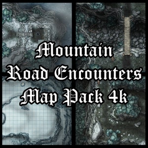 Puede incluir: Cuatro fichas de mapa diferentes para un juego de rol de mesa. Las fichas presentan un paso de montaña nevado, un acantilado rocoso, un puente sobre un río y un sendero forestal. Las fichas están diseñadas para su uso con una pantalla de resolución 4k. El texto "Mountain Road Encounters Map Pack 4k" se muestra en una fuente grande y en negrita.
