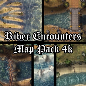 Puede incluir: Un conjunto de cuatro mapas digitales de resolución 4k que representan diferentes encuentros fluviales. Los mapas presentan una variedad de escenas fluviales, incluyendo un río con un árbol caído, un río con un puente, un río con rápidos y un río con una orilla arenosa.