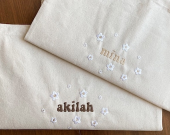 Custom Name Tote Bag With Flowers - Embroidery -Personalized Gift