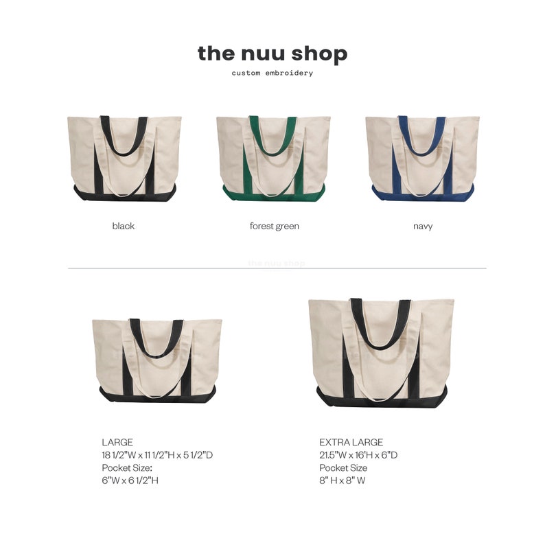May include: Three tote bags in black, forest green, and navy blue with black handles and a large pocket on the front. The bags are available in two sizes: large, measuring 18 1/2 inches wide by 11 1/2 inches high by 5 1/2 inches deep, and extra large, measuring 21.5 inches wide by 16 inches high by 6 inches deep.