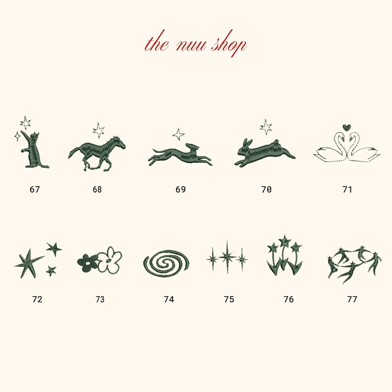 May include: A collection of dark green embroidered designs on a cream background. The designs include a cat, horse, running hare, rabbit, swans, stars, flowers, a spiral, and figures. The text "the nuu shop" is at the top.
