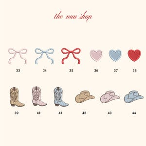 May include: Embroidered patches featuring bows, hearts, cowboy boots, and hats in various colors. The text "the nuu shop" is at the top. Each design is numbered, including a pink bow (33), a blue bow (34), and a red bow (35).