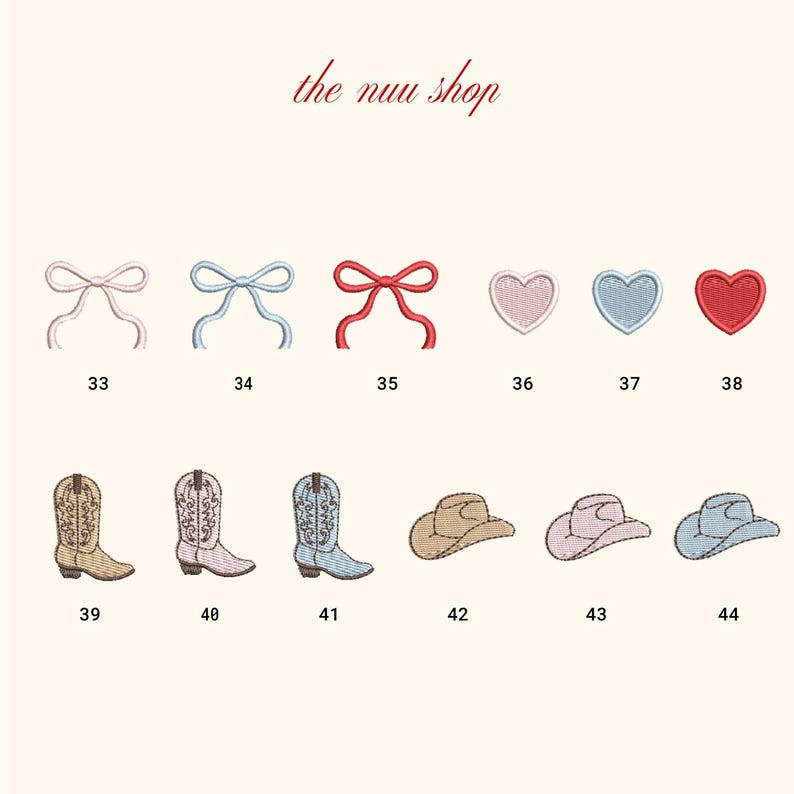 May include: Embroidered patches featuring bows, hearts, cowboy boots, and hats in various colors. The text "the nuu shop" is at the top. Each design is numbered, including a pink bow (33), a blue bow (34), and a red bow (35).