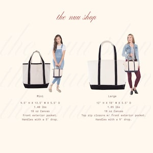 May include: Two canvas tote bags, mini and large, with black bottoms and handles. The mini bag is 9.5" H x 13.5" W x 5.5" D. The large bag is 12" H x 18" W x 5.5" D. Both bags have front exterior pockets.