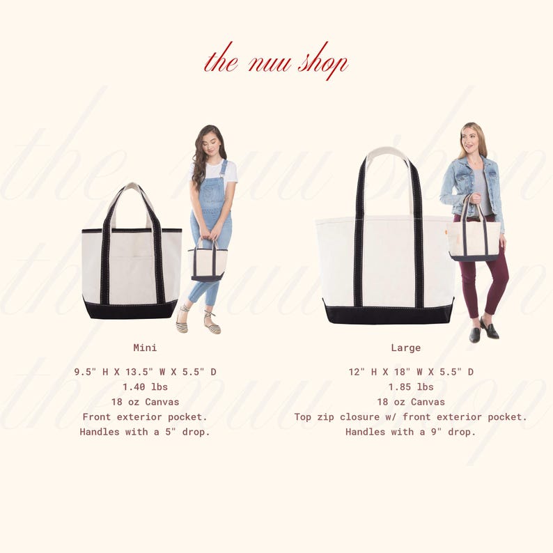 May include: Two canvas tote bags, mini and large, with black bottoms and handles. The mini bag is 9.5" H x 13.5" W x 5.5" D. The large bag is 12" H x 18" W x 5.5" D. Both bags have front exterior pockets.
