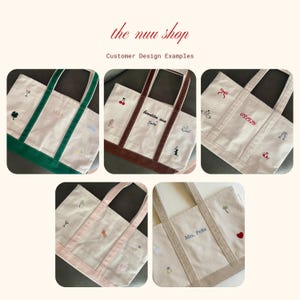 May include: Collection of canvas tote bags with embroidered designs. Each bag features a different color trim and handle, with various embroidered elements such as a shamrock, cherry, and text. The text "the nuu shop" and "Customer Design Examples" are visible.