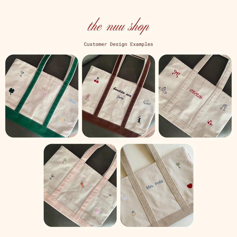 May include: Collection of canvas tote bags with embroidered designs. Each bag features a different color trim and handle, with various embroidered elements such as a shamrock, cherry, and text. The text "the nuu shop" and "Customer Design Examples" are visible.