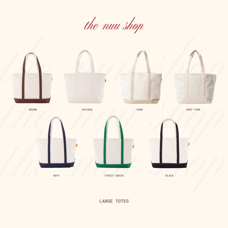 May include: Collection of large tote bags in various colors, including brown, natural, sand, baby pink, navy, forest green, and black. Each bag features a white canvas body with colored accents and handles. The text "the nuu shop" is at the top.