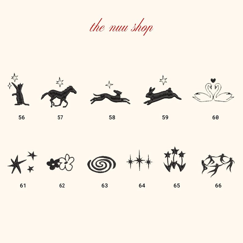 May include: A collection of black embroidered designs, including a cat, horse, deer, rabbit, swans, stars, flowers, a spiral, and other starburst patterns. The text "the nuu shop" is in red script.
