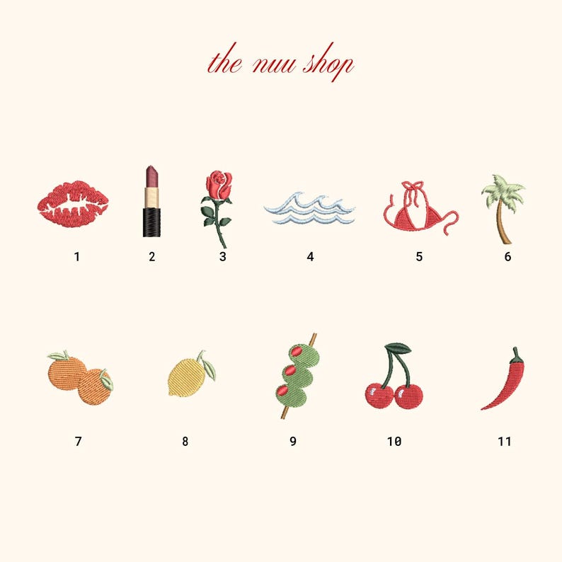 May include: Embroidered patches featuring various designs, including a red lip print, lipstick, a red rose, ocean waves, a red bikini top, a palm tree, oranges, a lemon, olives on a skewer, cherries, and a red chili pepper. The text "the nuu shop" is also present.