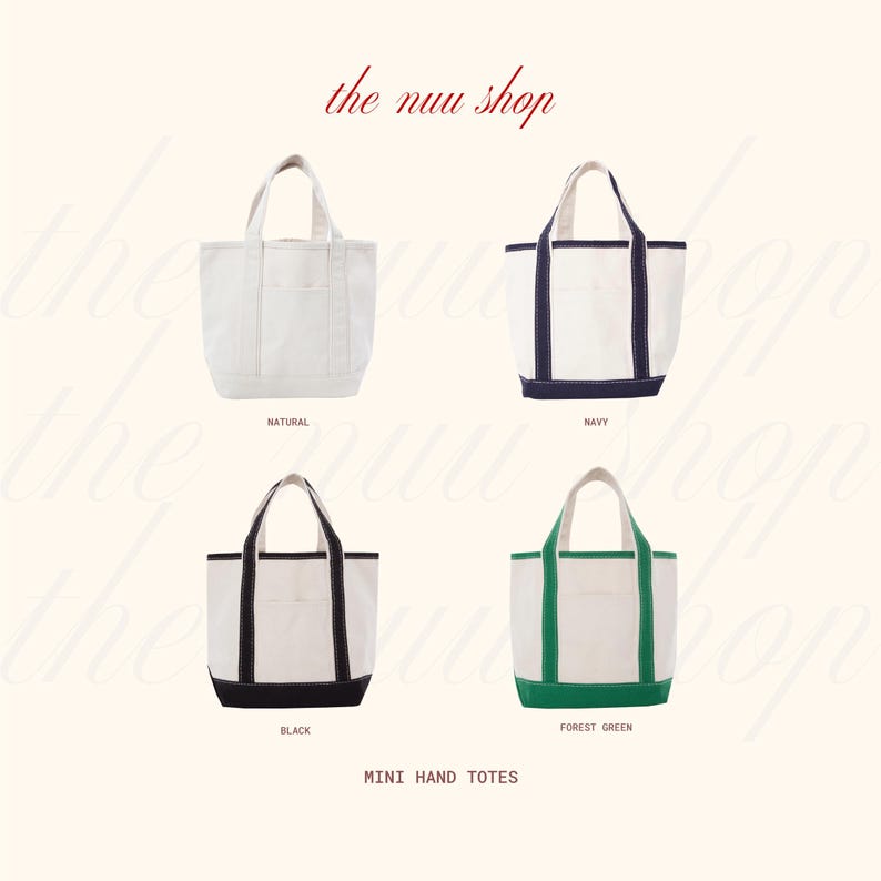 May include: Four mini hand totes in a variety of colors. The totes are white with accents in natural, navy, black, and forest green. Each tote has a small pocket on the front and a handle at the top. The text "the nuu shop" is at the top.
