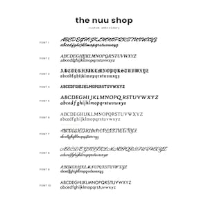 May include: A graphic showing 10 different fonts for custom embroidery. The fonts are labelled from 1 to 10. The text 'the nuu shop' and 'custom embroidery' is also included in the image.