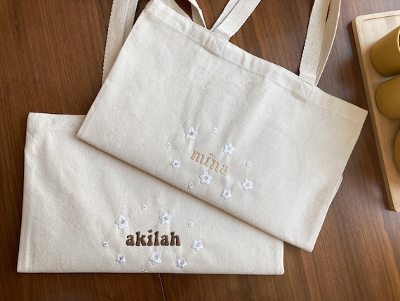 Custom Name Tote Bag With Flowers Embroidery personalized 