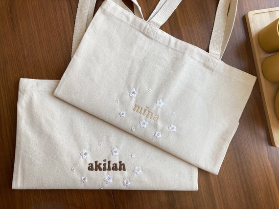 Custom Name Tote Bag With Flowers Embroidery personalized 