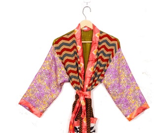 Sleepwear Bathrobe Jacket, Recycled Sari Robe Patchwork Shower robe Indian Vintage Long Kimono, Silk Saree Kimono, Dressing Gown RS-2960