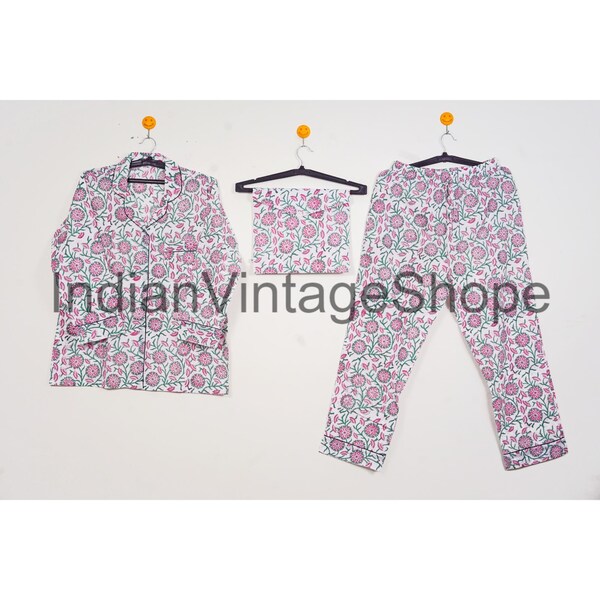 Indian  Soft Cotton Night Suit, Pure Cotton Pj Set, Hand Block Print Pajama Set, Night Wear Dress, New Floral Print Pure Cotton Pajama Suit