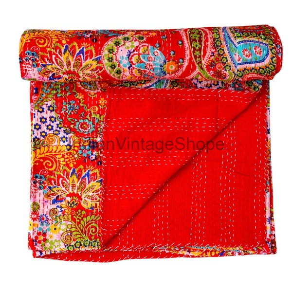 Indian Handmade Red Paisley Printed Blanket Bedspread, Handmade Cotton Kantha Quilt Throw, Kantha Quilt Gudari, Designer Bedcover Bedspread