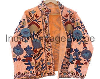 Embroidery Jacket Coat, , TNT Fabric Suzani Jacket, Suzani Indian Style Embroidery Coat, Womens Suzani Short Jacket, Short Quilted Jacket