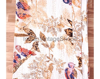 Fast Shipping New Kantha Gudari Indian Owl Printed Bedspread King Size Blanket Ethnic Handmade Cotton Kantha Quilts Reversible Bed Quilt